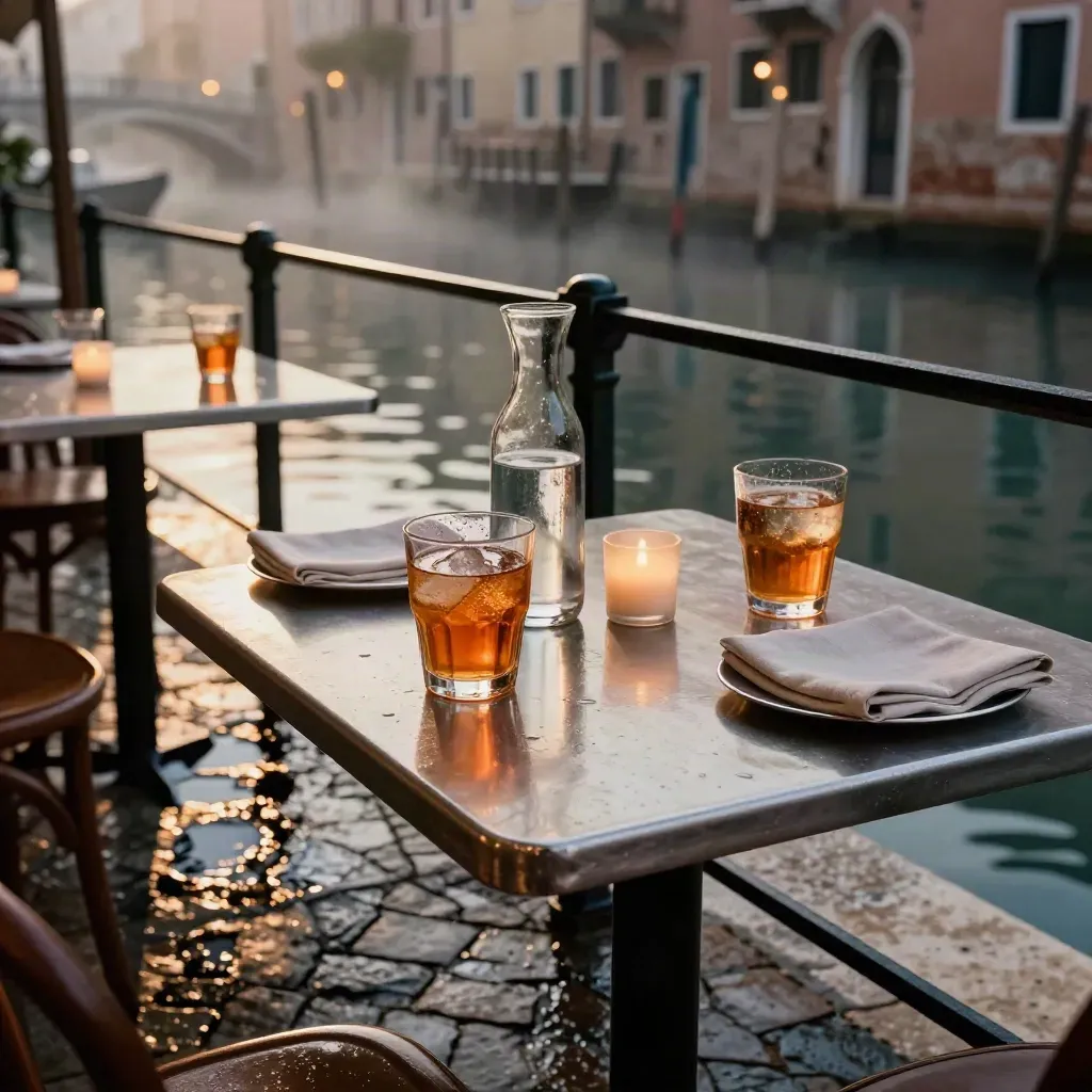 Tavolino sui Navigli con spritz, candela e riflessi sul selciato bagnato.