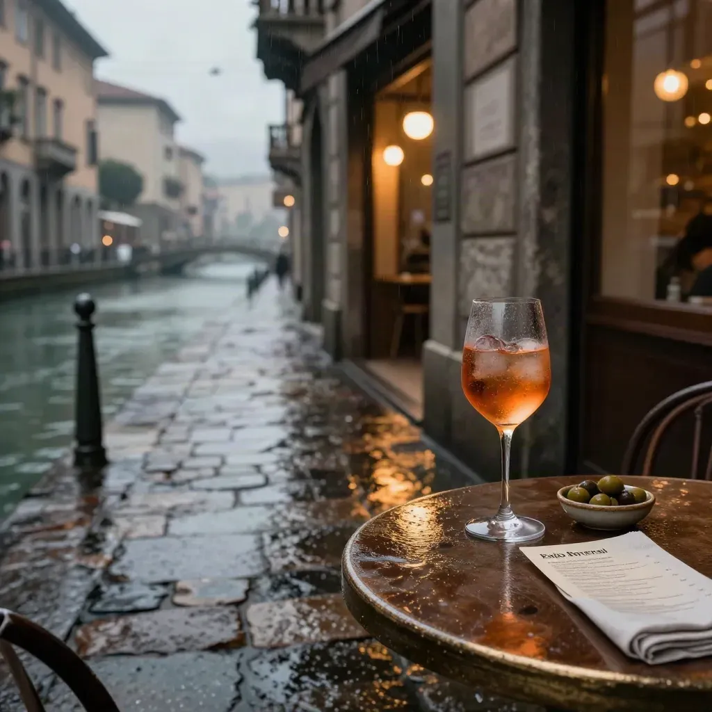 Tavolo da aperitivo sui Navigli, portone luminoso e teatri sfocati dopo la pioggia.