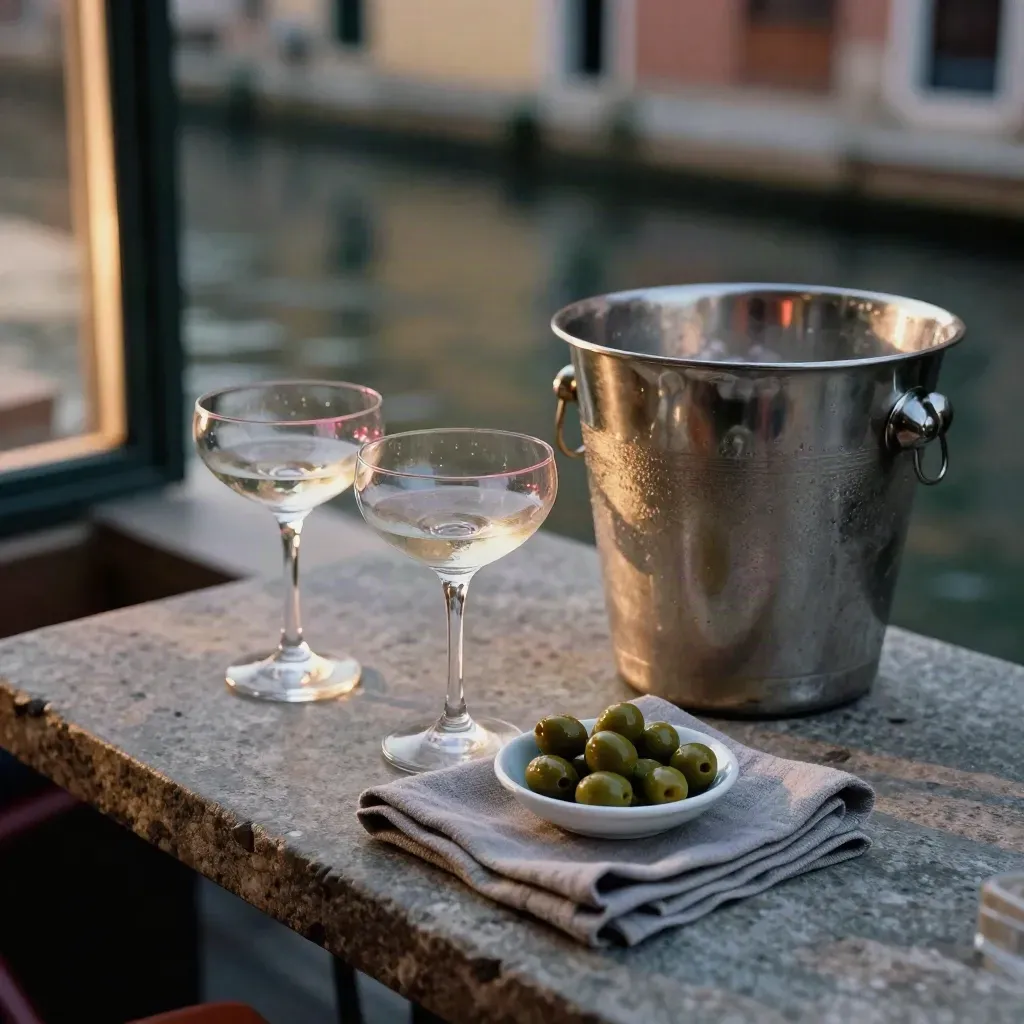 Terrazza aperitivo sul canale con bicchieri coupe, secchiello e olive al tramonto