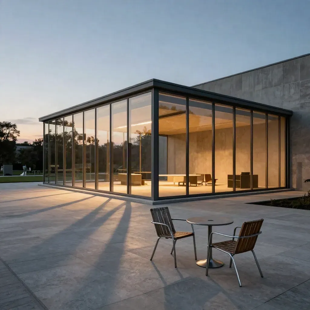 Padiglione in vetro della Triennale al crepuscolo, ombre di scultura e sedie in terrazza