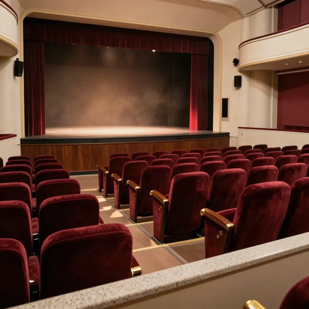 Teatro vuoto con poltrone rosse e luce calda sull’atrio, visto dal balcone.