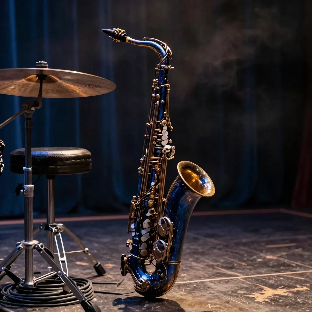Angolo del palco jazz con sax, piatto, sgabello e cavi nella luce blu.