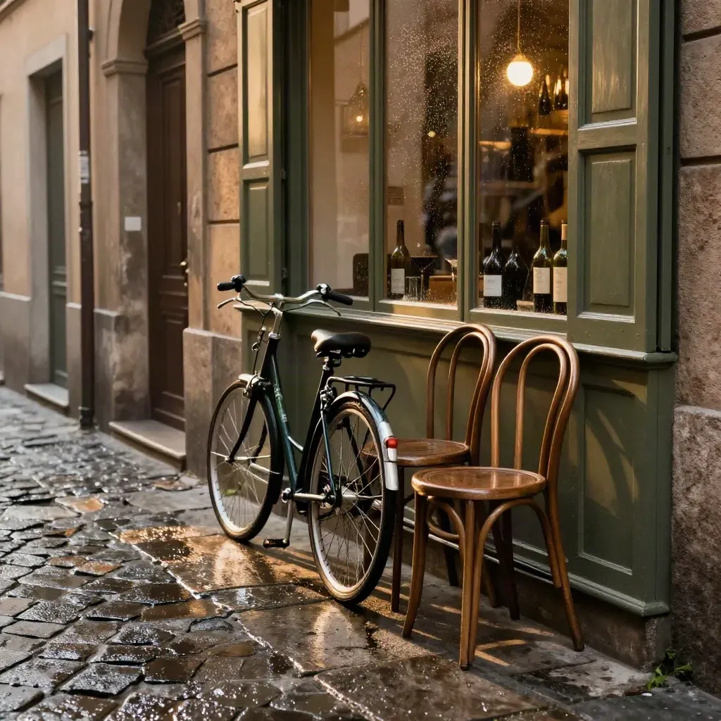 Bicicletta e sedie impilate in un vicolo di Brera bagnato, luci calde e vetrine dei wine bar.