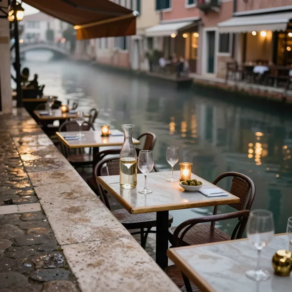 Tavolini sui Navigli con bicchieri, caraffa e luci calde riflesse sull’acqua.