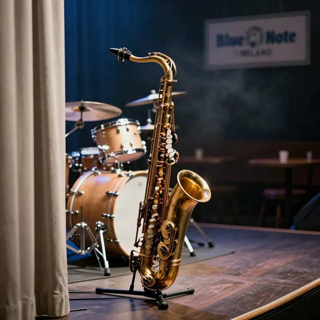 Palco del Blue Note di lato, sax su supporto, batteria in luce, tavoli vuoti in penombra.
