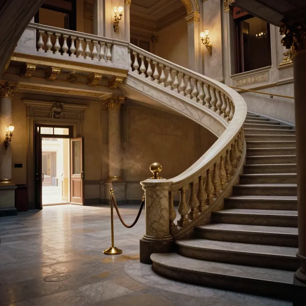 Foyer della Scala dall'alto, scale di marmo, stucchi dorati e luce calda dei lampadari.