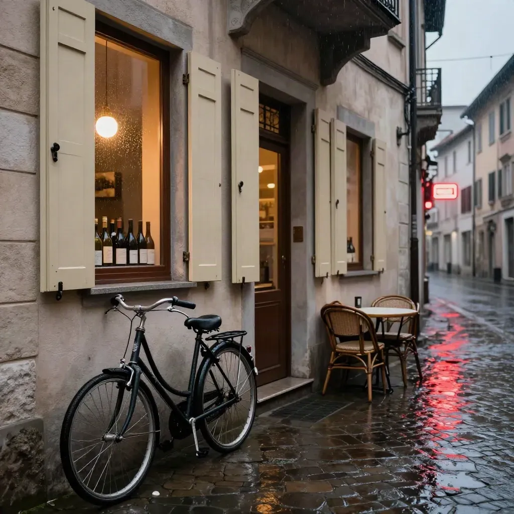 Vicolo di Brera bagnato con vetrine calde, sedie impilate e bici sotto la pioggia.