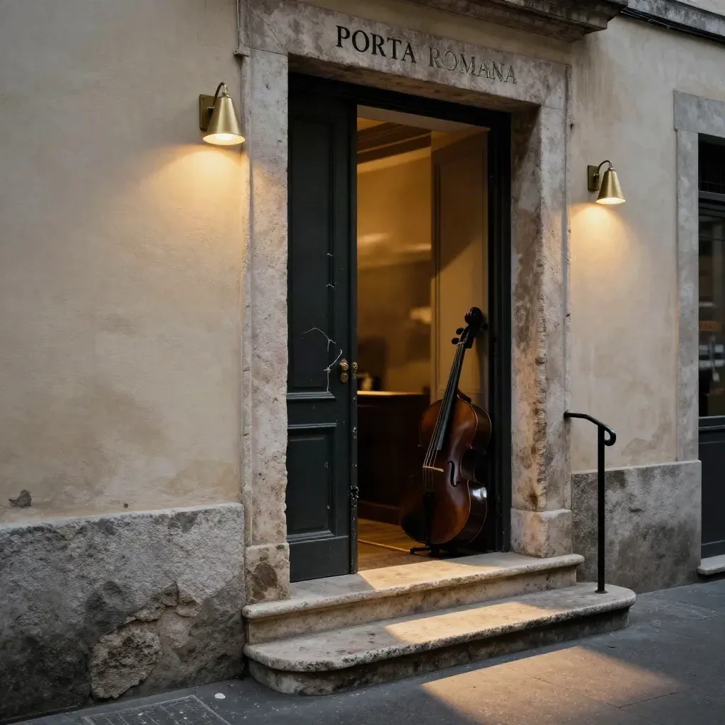 Ingresso live a Porta Romana con porta socchiusa, luce di palco e custodia di violoncello.