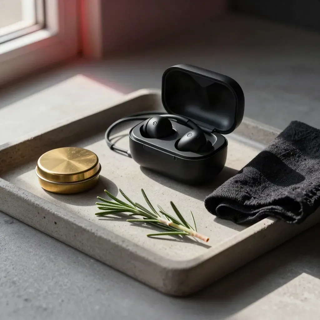 Case per in-ear monitor aperta con cavo, scatola in ottone, rosmarino e panno grafite.