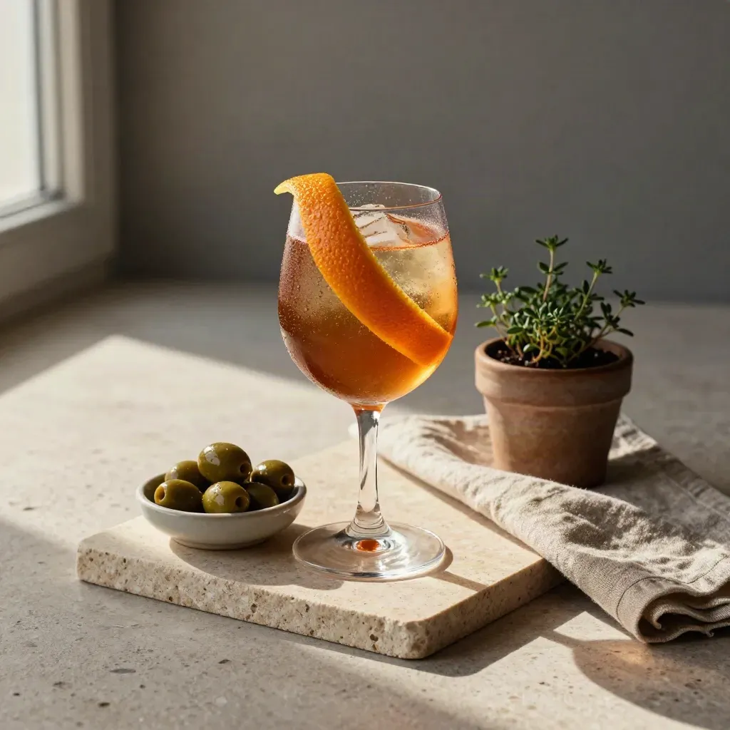 Spritz ambrato con olive, tovagliolo di lino e erba aromatica su pietra chiara.